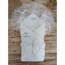 Yenidoğan Sahra Taç Benim Prensim Nakışlı Kundak Bebek Battaniyesi Ekru