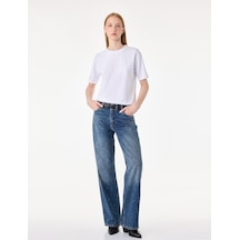Koton Taş Detaylı Yüksek Bel Düz Paça Denim Pantolon- Straight Jeans Orta İndigo 7wal40097md