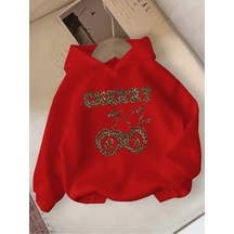 Kışlık Kapüşonlu Sweatshirt, Kiraz Leopar Baskılı Yeni Kırmızı