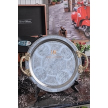 3 Adet 25 Cm Krom Çelik Kahve Tepsisi Pirinç Kulplu Nakışlı Desenli Dekoratif Servis Sunum Tepsisi Gümüş