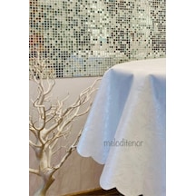 Düz Beyaz Çiçekli Yuvarlak Muşamba Masa Örtüsü Pvc Astarlı Kaymaz Leke Tutmaz 138 X 138 Cm