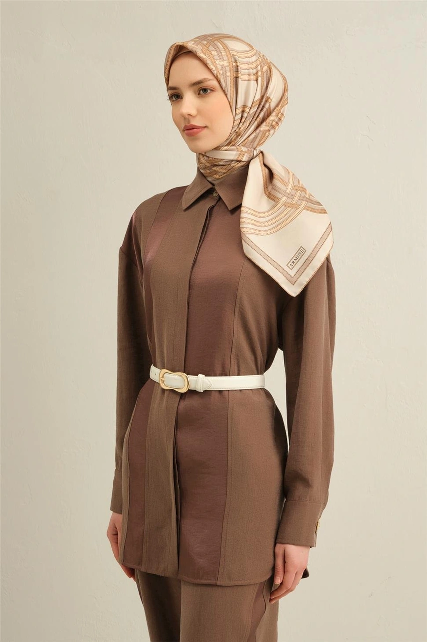 Armine Klasik Desenli Saf İpek Twill Eşarp 9333d 04 BEj