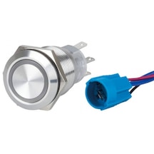 12/24V Mavi Led'Li Paslanmaz Çelik Düğme Soketli Aç Kapa Anahtarı Mavi