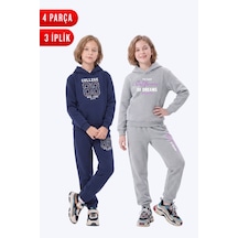 Fyk Kids 3 İplik Baskılı Kışlık Kanguru Cepli Kapüşonlu Kız Çocuk 2'li Eşofman Takımı 4 Parça Lacivert-gri