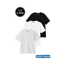 Rich Erkek 3'lü Paket Siyah-beyaz-gri Melanj Pamuklu Oversize Tişört Bisiklet Yaka Kısa Kollu T-shirt Gri
