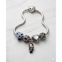 Kadın Taşlı Mavi Kalp, Pembe Taşlı Yüz, Black Widow, Beyaz Taşlı Kalp, Sonsuzluk Charmlı Kalp Kilit Bileklik 19 Cm Silver