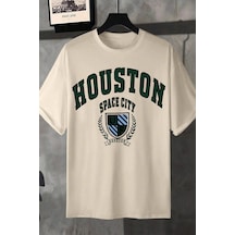 Unisex Houston Space City Baskılı Tasarım Tshirt Bej