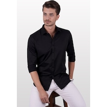 Siyah Saten Slimfit Erkek Gömlek Siyah