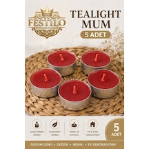 Tealight Mum 5 Adet Kalp Kırmızı Yuvarlak Kırmızı Beyaz Dekoratif Mum Kırmızı Yuvarlak
