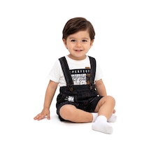 Bebegen Erkek Bebek Beyaz Siyah Percect Yazı Baskılı Kot Salopet 2'li Takım Çok Renkli