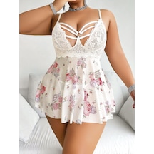 Aria's Closet Büyük Beden Beyaz Üstüne Çiçek Desenli Dantel İşlemeli İnce Askılı Mini Gecelik Beyaz