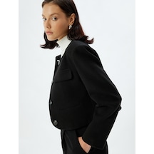 Koton Crop Ceket Yuvarlak Yaka Düğmeli Kalın Örme Slim Fit Siyah 5wak20213ew Siyah