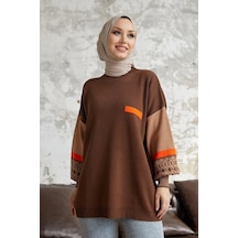 Enmodastyle Kolu Etnik Desen Triko Kazak Tunik Kahverengi