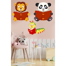 Kitap Okuyan Sevimli Hayvanlar Sticker Aslan Panda ve Kırkayak Anaokulu, Çocuk ve Bebek Odası
