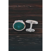 Gümüş Yeşil Akik Taşlı Oval Kol Düğmesi -5803 Gümüş