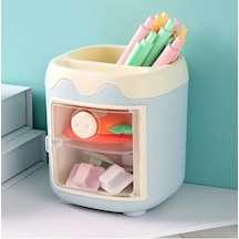Sevimli Masaüstü Kalemlik Kawaii Kapaklı Mini Dolaplı Kalemlik - Mavi Mavi
