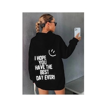 Tarzsokak Siyah Happy Baskılı Oversize Kapüşonlu Sweatshirt