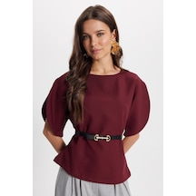 Tudors Kadın Slim Fit Dar Kesim Kol Detaylı İnce Kemerli Fermuarlı Bordo Bluz Gömlek-50761