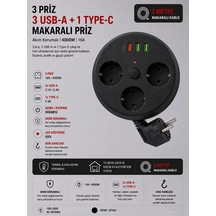 Akım Korumalı Makaralı Priz 3 Priz 3 Usb-a 1 Type-c 2 Metre Kablo 4000w 16a Açma Kapama Düğmeli Siyah 1 - 3 M