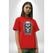 Kask Miğfer İskelet Asker Pamuklu Bisiklet Yaka Unisex Oversize Boyfriend Dijital Baskılı Kırmızı T-shirt Kırmızı