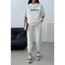 Thatssofetch T-shirt Eşofman Altı Jogger - Beyaz Baskı Alt Üst Eşofman Takımı Oversize Bisiklet Yak Fullbeyaz