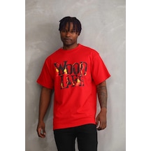 Genel Markalar Baskılı Oversize T-shirt - Kırmızı - Çok Renkli