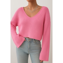 Samin Kadın Oversize V Yaka Triko Crop Kazak Pembe - 660238741 Pembe