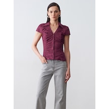 Dilvin 50546 %100 Pamuk Büzgülü Poplin Top-bordo