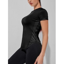 Kadın Dry Fit Running Yoga Hızlı Kuruma Nem Emici Yanları Fileli Hava Alabilen Spor T-shirt 001 Siyah
