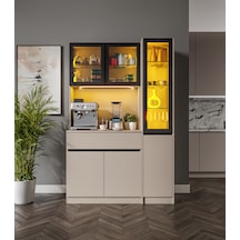 Viona Kum Beji Midi Sağ Vitrinli Komple Mdf Led Aydınlatmalı Kahve Köşesi Bej