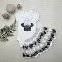 1-2-3 Yaş Payetli Mickey Nakışlı Kısa Kollu Brode Etekli 2li Kız Bebek Takımı 001