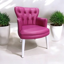 Tekli Fuşya Deri Beyaz Ahşap Ayaklı Ofis Koltuk Kafe Koltuğu Sandalye Berjer Fuşya