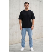 Erkek Siyah Oversize Tişört Bisiklet Yaka Basic Rahat Kalıp Günlük T-shirt