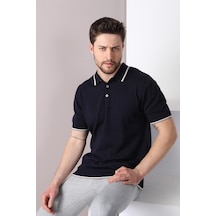 Ferraro Laci/Beyaz Yaka Şerit Düğmeli Erkek Pamuk Triko T-Shirt