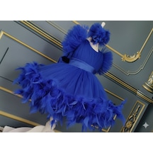 Star Kids Fashion Kız Çocuk Saks Mavisi Tüylü Elbise,kız Çocuk Abiye Elbise,toka Dahil Saks Mavi