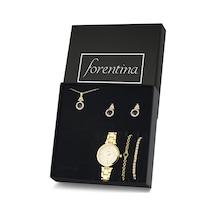 Forentina Altın Kaplama Siyah Taşlı Kolye Küpe Bileklik Yüzük Saat Hediye Set Ps3146 Çok Renkli