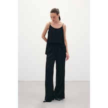 Sateen Bağcıklı Salaş Pantolon - Siyah-136378 Siyah