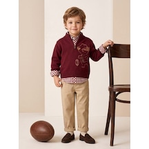 Zekids Erkek Çocuk Bordo Ayıcık Nakışlı Triko Kazak Gömlek Ve Pantolon Takım-17439