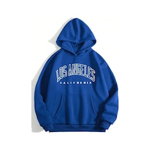 Los Angeles California Sweatshirt - Sax Mavi Baskılı Oversize Kapüşonlu Saks Mavi