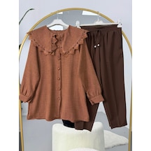 Lovie Moda Yakası Dantel Detaylı Pantolonlu Takım Kahve-kahve Kahverengi