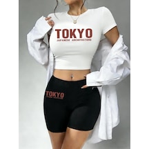 Tarzsokak Sıcak Tatlı Japon Tokyo Harfli Baskılı Babby Tee Ve Şort Kadın İki Parça Takım Tişört Yüksek E Beyaz