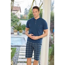 Pijamoni Erkek Penye Kumaş Düğmeli Yaka Lacivert Pijama Takımı Lacivert