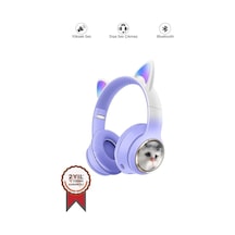 Hd11 Mor Sevimli Kedi Karikatür Kulak Led Işıklı 5.3 Bluetooth Kulak Üstü Kulaklık