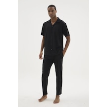 Angbutik Kocabey Kkt-26150 Apaj Yaka Boydan Düğmeli Pijama Takımı Siyah