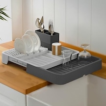 Açılır Kapanır Sürgülü Bulaşık Sepeti Ve Kurutmalık Genişleyebilir Pratik Mutfak Düzenleyici Çatal Kaşıklık Ve Tabak Bölmeli, Yerden Tasarruf Ettiren 32cm Veya 52cm Uzunluk Antrasit-gri