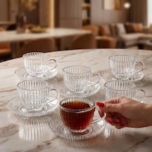 Bahar Çizgi Desen 6 Kişilik Tabaklı Lüks Cam Çay Fincan Takımı 240 Ml. Şeffaf