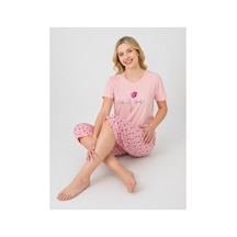 Pijamask Kadın Pembe Gül Baskılı Kısa Kollu Çiçek Desenli Kapri Pijama Takımı P100-839 Pembe