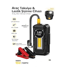 8000mah 1000a Akü Takviyeli Kompresör 150 Psı Çift Dijital Ekran Led Fenerli Hava Pompası Siyah - Abs+