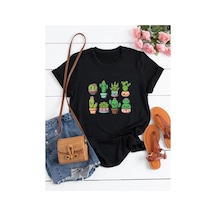 Medinenur Sevimli Kaktüsler Baskılı Basic T-shirt Siyah