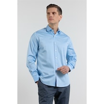 İmza Mavi Yarım İtalyan Yaka Saten Uzun Kol Premium Slim Fit Pamuk Gömlek 1004255195 XL